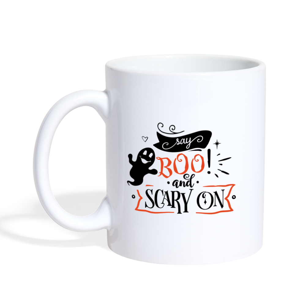 Say BOO and Scary on, Halloween Mug, Mug Theme Party Gift, Ceramic Mug Fun Mug Gift, Vintage Halloween season - white
