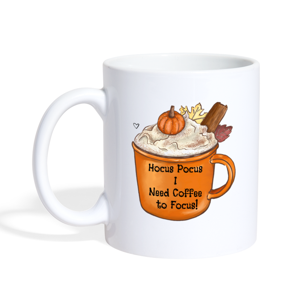 Hello Fall, Home Gifts - Fall and Spooky Season Mug Decor - Halloween Season Mug - Coffee Lover Gift, Hocus Pocus I need coffee to focus - white